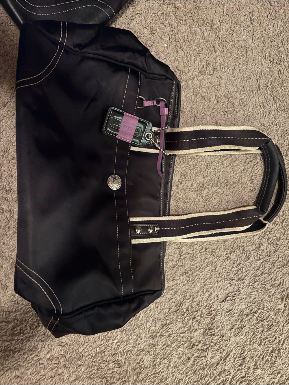 Coach Black Tote with Cream-Trim Straps and Pink Tag